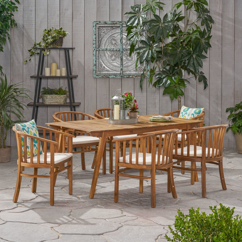 Roomfitters Outdoor 7-Piece Acacia Wood Dining Set with Cushions, Rectangular Table, Cream Finish