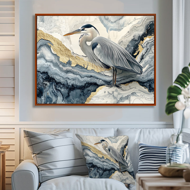 Harbert en marbre héron dans l'encre de Chine dorée paysage II - héron, art mural, H 16 po x l 32 po, Cadre flottant, Brun