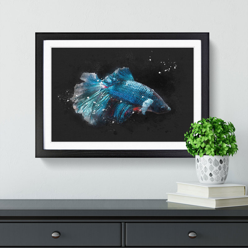Blue Siamese Fighting Fish - Single Picture Frame Painting on MDF, 24cm H x 33cm W x 2cm D, Black Framed
