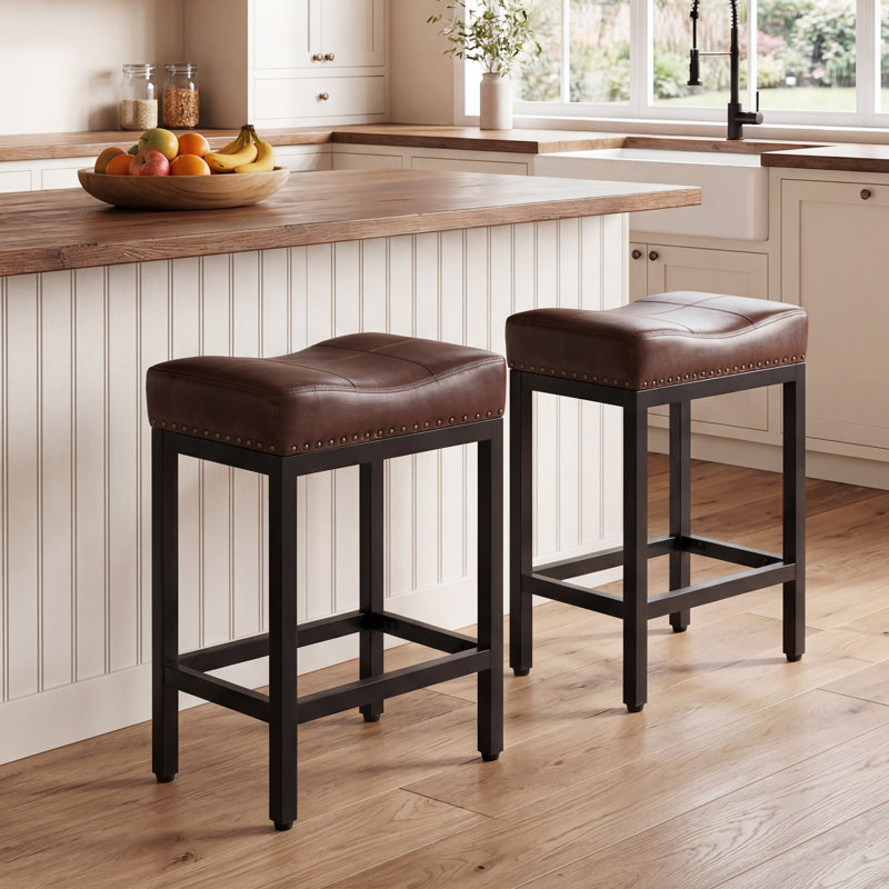 Michille Saddle Upholstered 24.21" Counter Stool, Brown/Black, 2