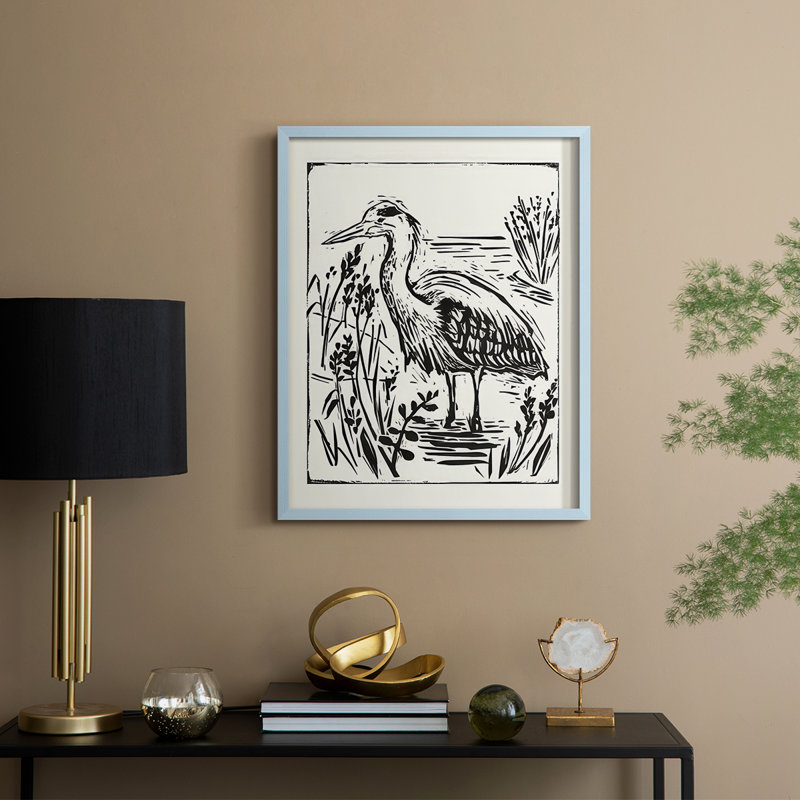 Linocut Style Seabird I, reproduction encadrée - bois massif, H 21 po x l 17 po, Bleu