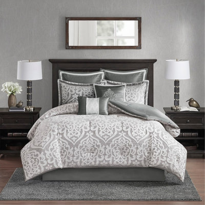 Luxurious 8-Piece Jacquard Comforter Set In Silver, Queen Size, With Elegant Damask Design And Hypoallergenic Filling