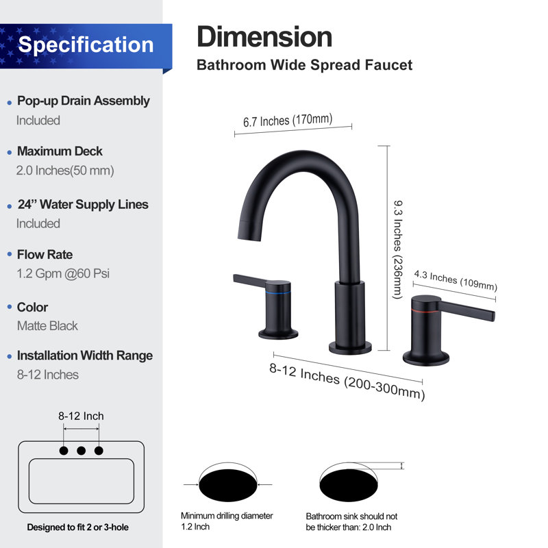 2-handle Bathroom Faucet with Drain Assembly, Matte Black
