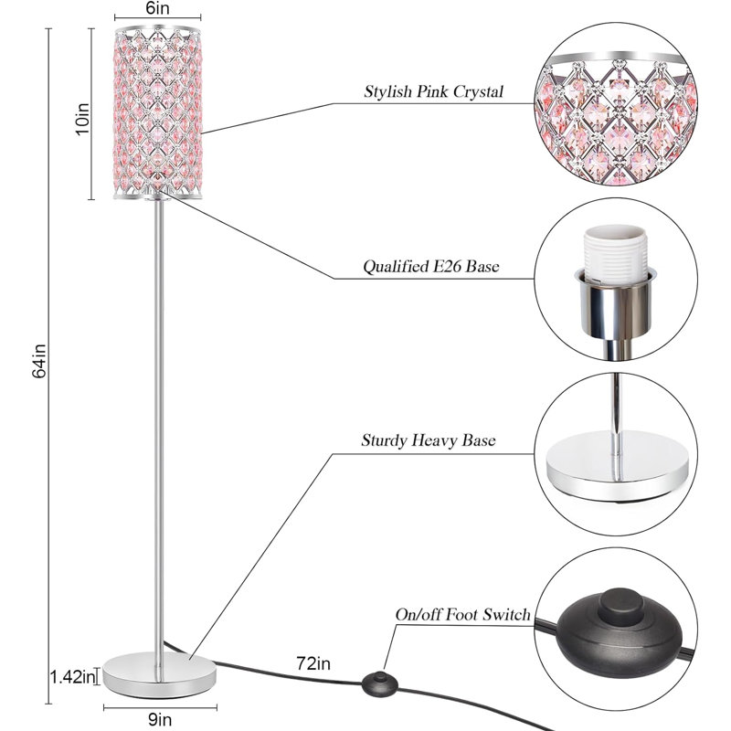Floor Lamp, Crystal Floor Lamp With Decorative Shade, Standing Lamp With On/Off Foot Switch & E26 Base, Modern Floor Lamps Corner Tall Pole Light For Living Room, Bedroom, Dresser, Office