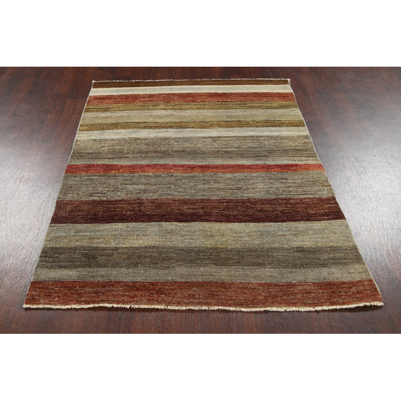Tapis gris en laine noué à la main de conception unique 4 pi 3 po x 6 pi New Age