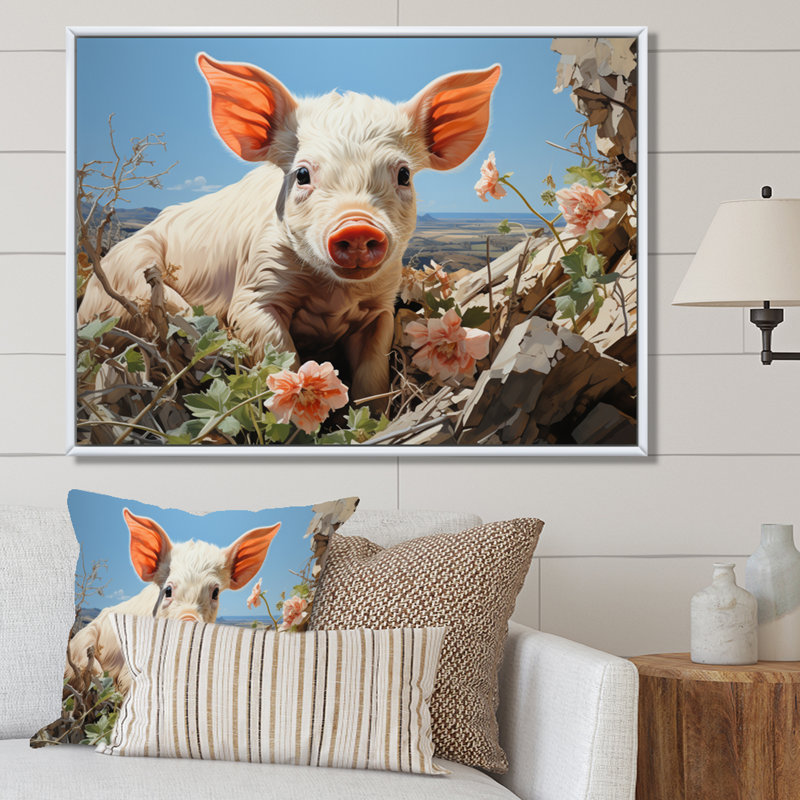 «Pink Curious Piglet Pastoral», reproduction d'art sur toile, 34" H x 44" W, Gold Picture Framed