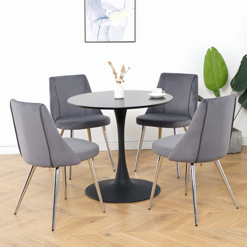 Ensemble de 4 chaises de salle à manger en velours, Noir, Argent argent