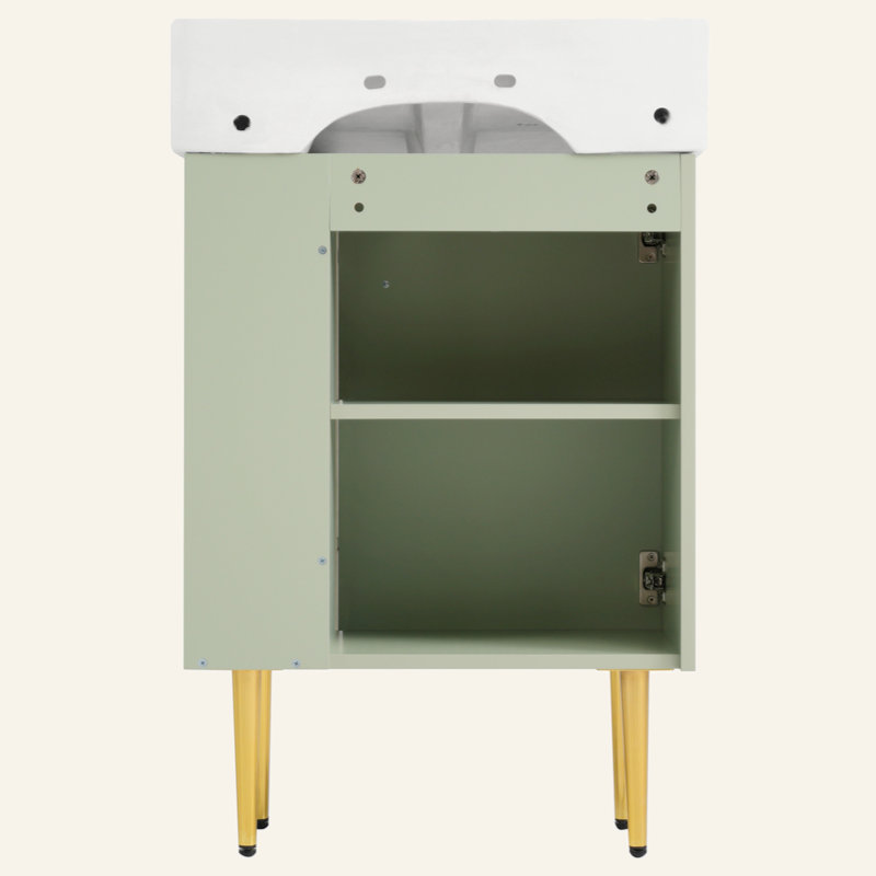 Meuble-lavabo vert 21,6 po, armoire combinée, meuble de rangement pour salle de bain, lavabo simple en céramique, rangement sur le côté droit