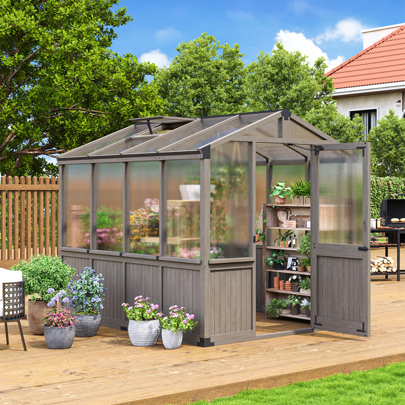 Wood Greenhouse, Outdoor Greenhouses, Greenhouse Kit, Portablee Greenhouses With Ground Nails And Automatic Temperature Control Roof Vent, Lockable Door, Polycarbonate Green House For Outside Garden Backyard