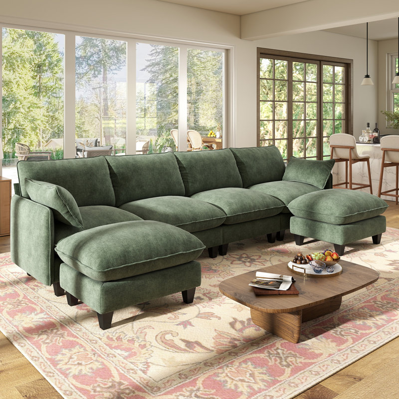  Acker 138'' Puff Cloud Modular Upholstered Sectional 4-seat & 2-ottoman, Green Chenille