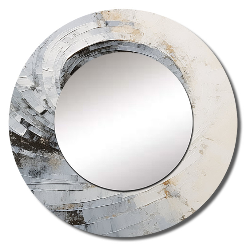 Blanc et gris Majestic Motion - miroir spirales abstraites, miroir mural décoratif rond moderne, impression d'art en métal