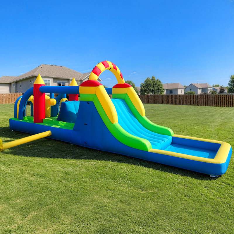 24ft Inflatable Obstacle Course Bounce House with Water Slide Splash Pool, Extra-Long 5-in-1 Obstacle Course with Blower, Bearing 500lbs, Backyard Parties, Birthdays, Events and Rental