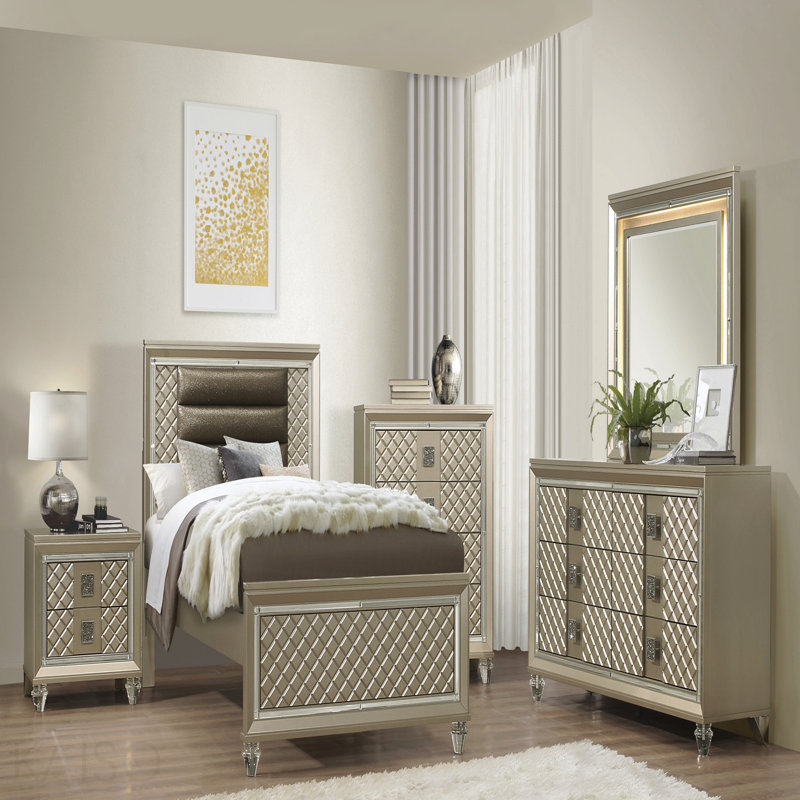 Finition champagne glamour 1 pièce commode de 6 tiroirs pieds en acrylique de luxe avec garniture de miroir biseauté