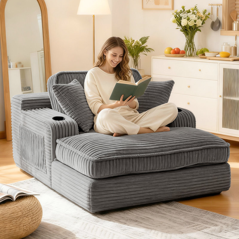 Oversized Cloud Chaise Lounge With Cup Holders & Side Pocket, No Assembly Required, Corduroy, Gray