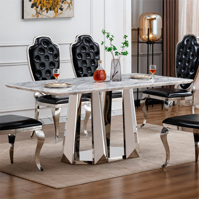 Table de salle à manger en marbre pour 6 personnes, table de salle à manger rectangulaire en faux marbre 70 po avec base en acier inoxydable à finition miroir, table de cuisine moderne en marbre de grande taille