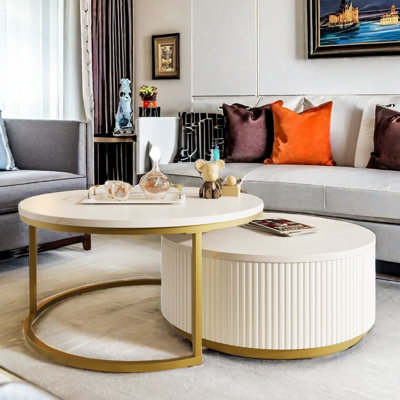 Table basse ronde emboîtable avec motif cannelé et tiroirs