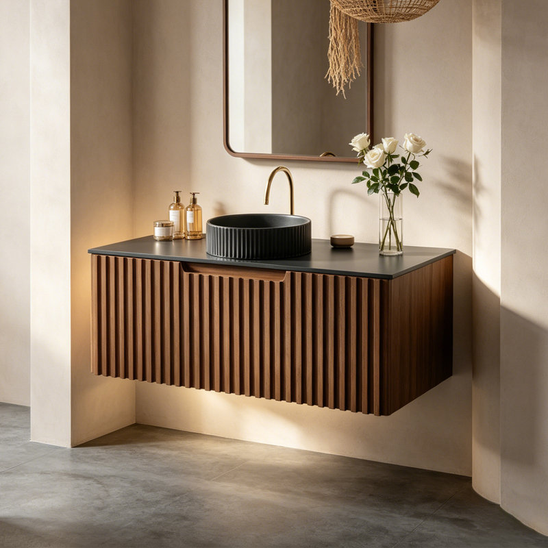 Shovonne 36'' Single Bathroom Vanity with Dark Gray Sintered Stone Table top, Wall Mounted Brown Wood Vanities