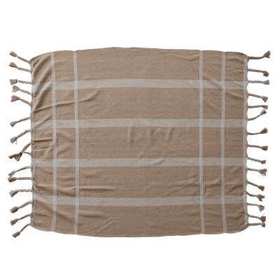 Woven Cotton Blend Striped Throw With Braided Fringe