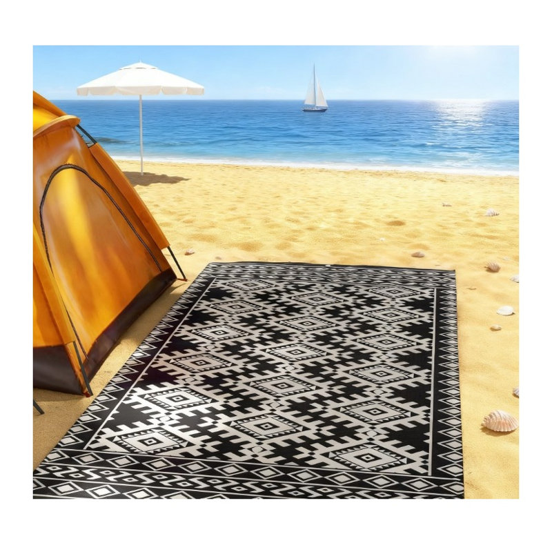 Tapis d'extérieur réversible en paille de plastique noir et blanc pour décoration de patio