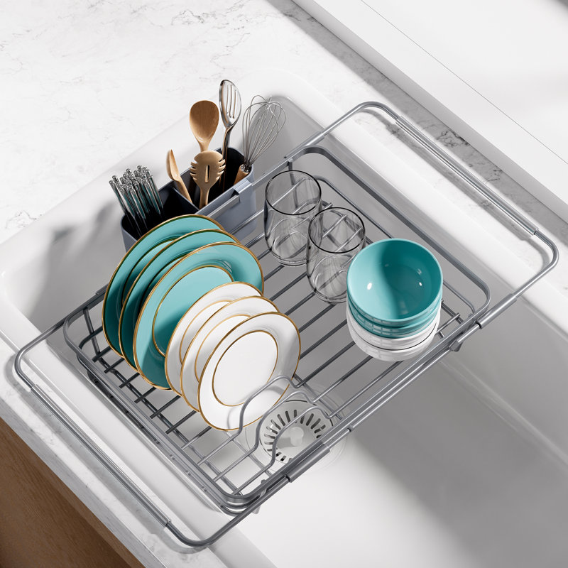 Extendable Dish Drying Rack Over Sink with Dish Drainer, Sink Organization and Storage Essentials with Silverware & Utensil Holder, Home and Apartment Decor, 12" W x 16.1~23" L, Silver
