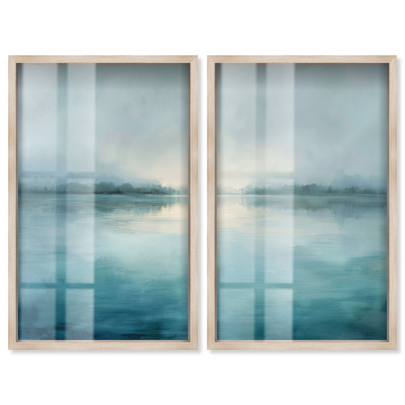 Ensemble de 2 impressions sous verre Fogbound Shore III, style abstrait côtier, par Art Remedy, cadre blond, 30 x 48 cm.