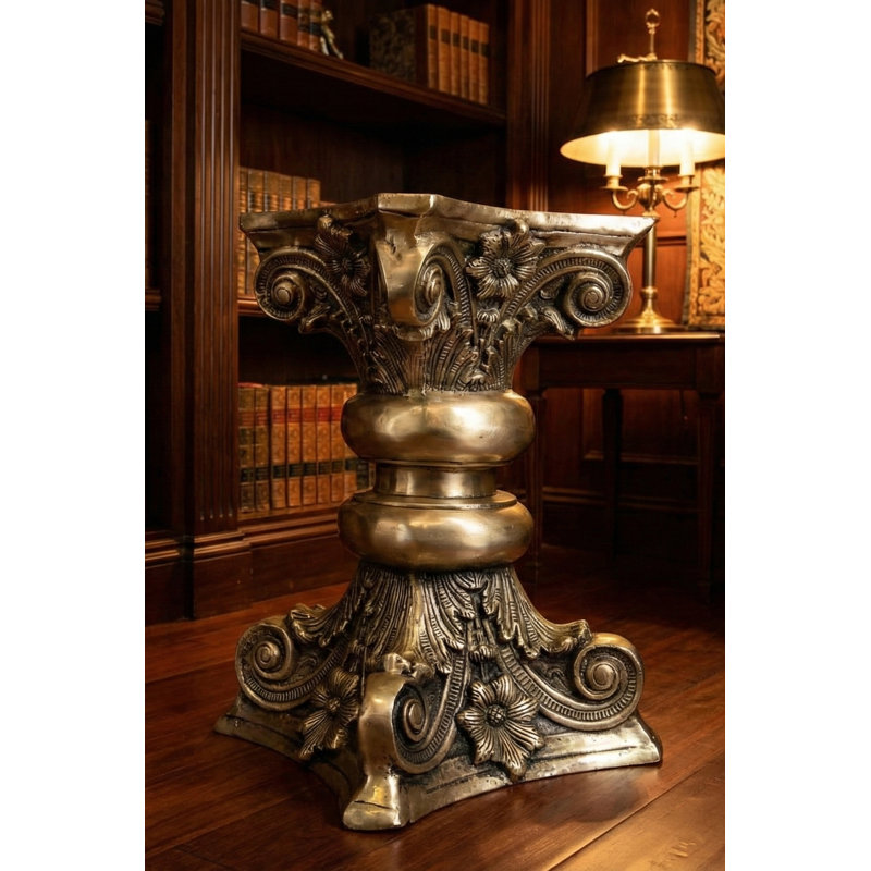 17.5" Brass Column Pedestal – Handmade Classical Acanthus Leaf Metal Plant Stand & Luxe Display Furniture