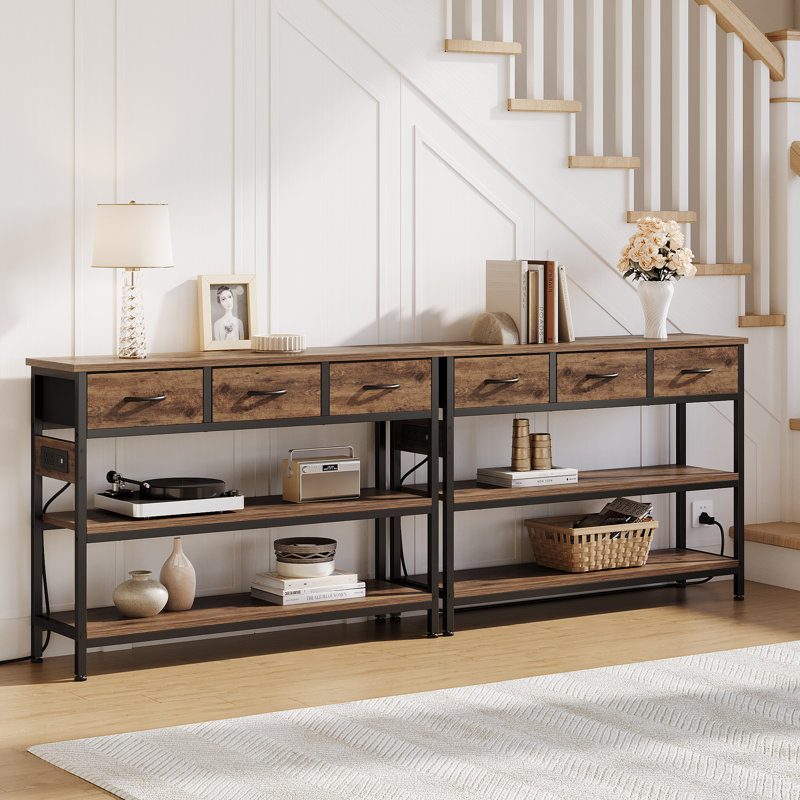 Console moderne en bois de 43,3 po avec 3 tiroirs en tissu, un canapé d'entrée rectangulaire étroit avec station de charge et des tablettes ouvertes pour les couloirs, les salons et les petits espaces