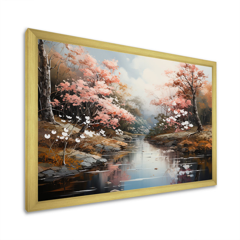«Japanese River Forest», impression sur toile, Cadre doré simple, H 30 po x l 40 po x P 1,5 po