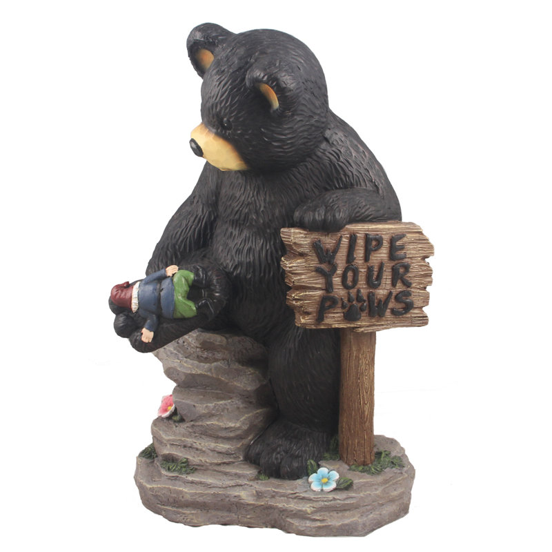 Black Polyresin Bear Holding Sign and Gnome Statue