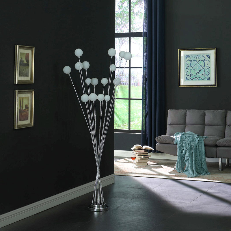 61.5" In 16-Light Acrylic Globe Aluminun Led Chrysanthe Metal Floor Lamp, Silver
