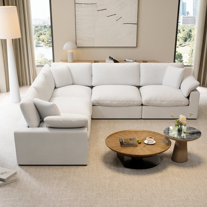Canapé rembourré modulaire en forme de L pour salon, chambre à coucher 5 pièces, 25.2" H x 110.8" W x 110.8" D, Blanc
