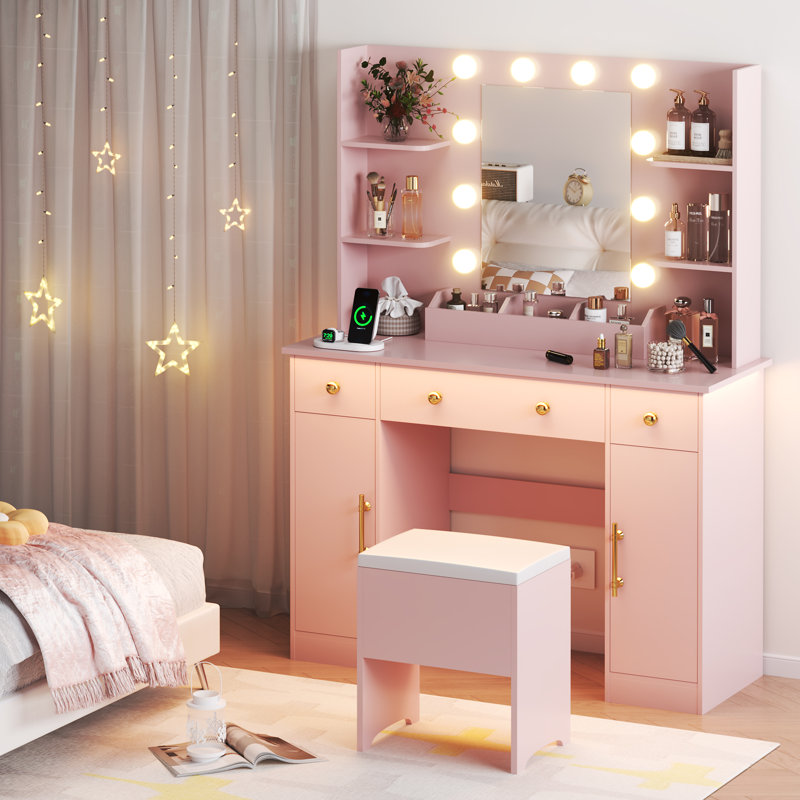 Guram Vanity Set Modern LED Makeup Desk with Mirror, Ten Light Bulbs & Desktop Dazzle Light Adjustable Brightness, 7 Drawers & Stool, Usb Power Outlet
