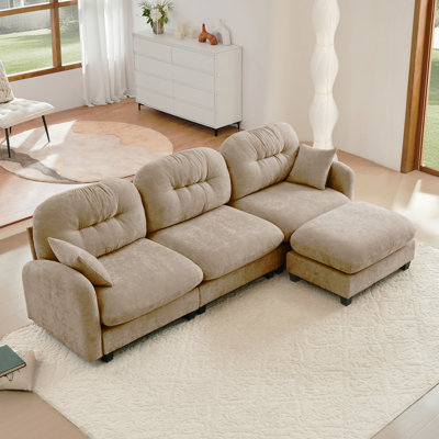 Canapé modulaire en L modulaire avec repose-pieds, tissu en chenille de qualité supérieure, conception de dossier à coussin touffeté, conception ergonomique facile à installer, convient aux chambres à coucher, aux salons de lecture, au chameau