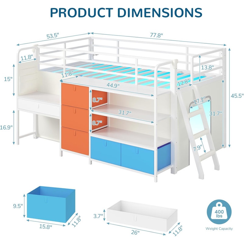 Twin Size Low Loft Bed With Built-In Desk, Metal Loft Bed With 6 Storage Drawers, Open Bookshelf, Under-Bed Play Tent With Led Lights,Safety Guardrail & Inclined Ladder, White & Multicolor