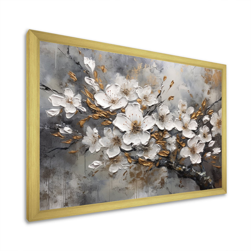 Harmonie I de cerisier blanc et gris - art mural floral pour le salon, H 30 po x l 40 po x P 1,5 po, Cadre doré simple