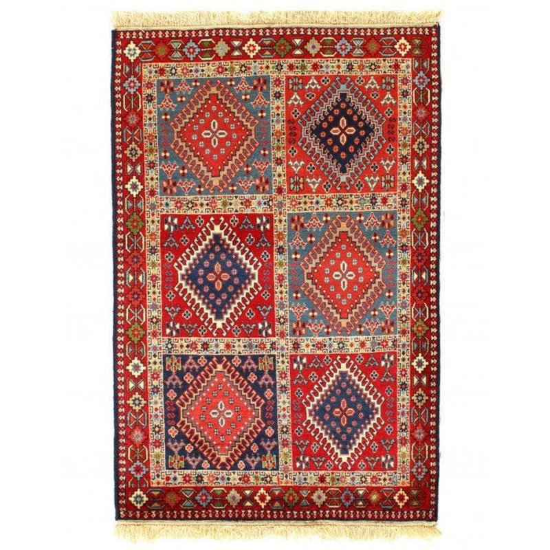 Tapis bleu / rouge / beige en laine / coton à motif géométrique fait à la main 3 pi 3 po x 4 pi 11 po Michi