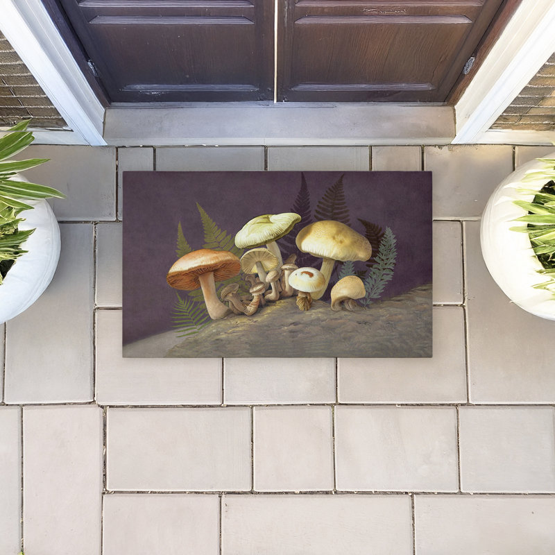Tapis de porte d'extérieur imprimé champignons et fougères sur fond mauve, par Tim Coffey, 18 po x 30 po
