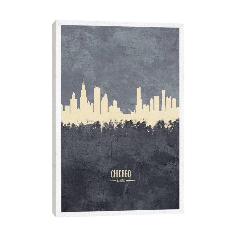 Chicago Illinois Skyline Grey by Michael Tompsett - Print on Canvas, White Framed, 152.5 cm H x 101.5 cm W