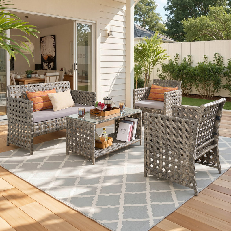4 - Person Outdoor Wicker Rattan Loveseat Seating Group With Cushions, Gray
