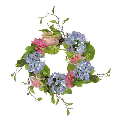 Couronne de fleurs d'hortensia et de roses artificielles bleues 24 po