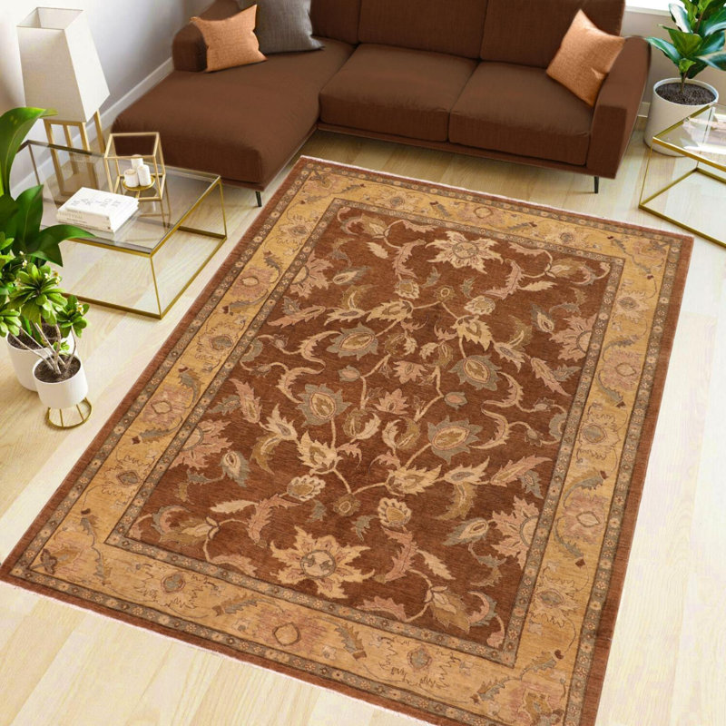 Tapis brun / beige en laine noué à la main de style oriental rectangulaire 8 pi 3 po x 10 pi Baccio