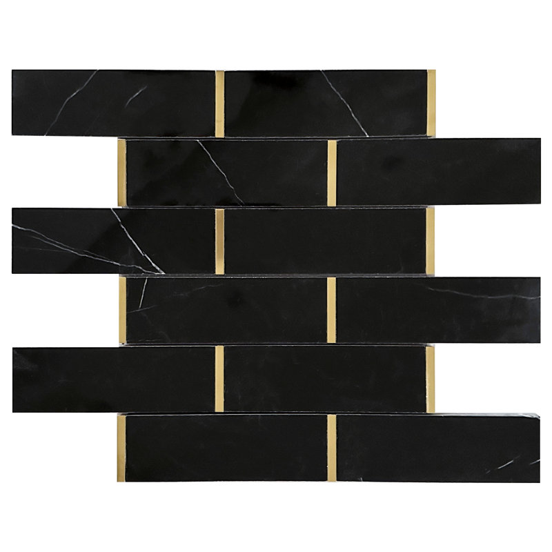 Natural Bianco 2" x 6" Marble Brick Joint Mosaic Wall Tile, Black/Gold