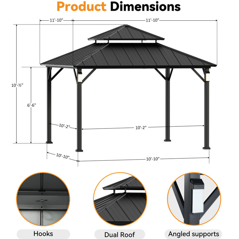 Horizon 12' x 12' Hard Top Gazebo With Solar Self Powered LED Lights, Mosquito Netting and Canopy Hook