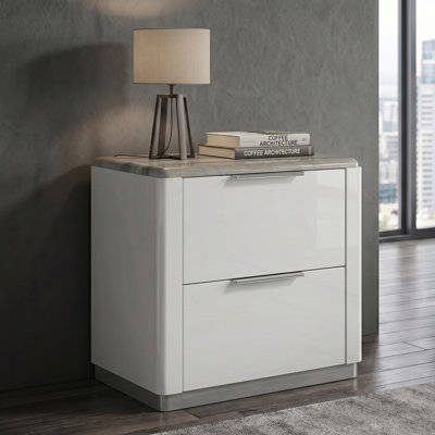 Table de chevet à deux tiroirs Monaco avec finition blanche ultrabrillante et plateau en marbre gris