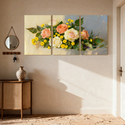 Rose Floral Bouquet With Roses And Daisies Set of 3 Canvas Wall Art Prints
