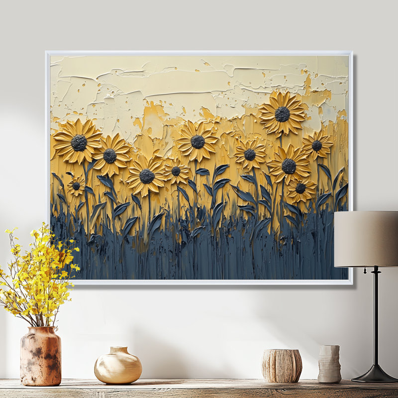 «Paint Effect On Golden Glow Sunflowers I» - art mural tournesols, H 24 po x l 32 po, Impression encadrée flottante, Blanc