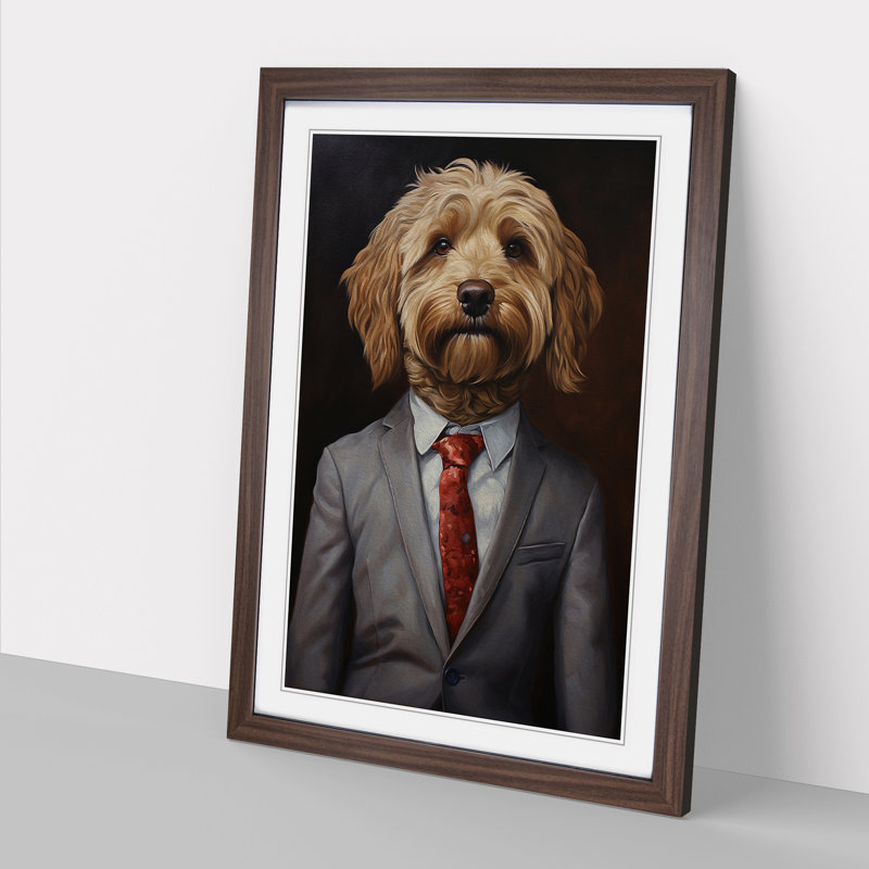 Labradoodle In A Suit Painting No.2 - Single Picture Frame Print on Wood, 64cm H x 46cm W x 2cm D, Walnut Framed