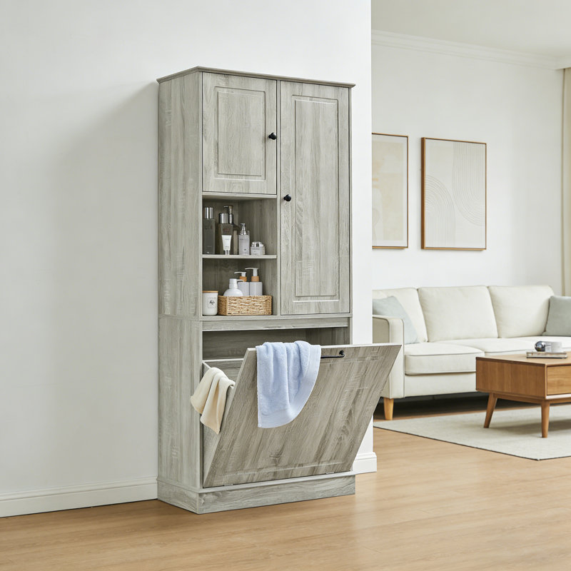 Armoire de salle de bain en panneau de fibres à densité moyenne de 30 po avec tablettes réglables, grand panier rabattable et armoires fermées, pour le rangement dans la salle de bain, le salon, le bureau