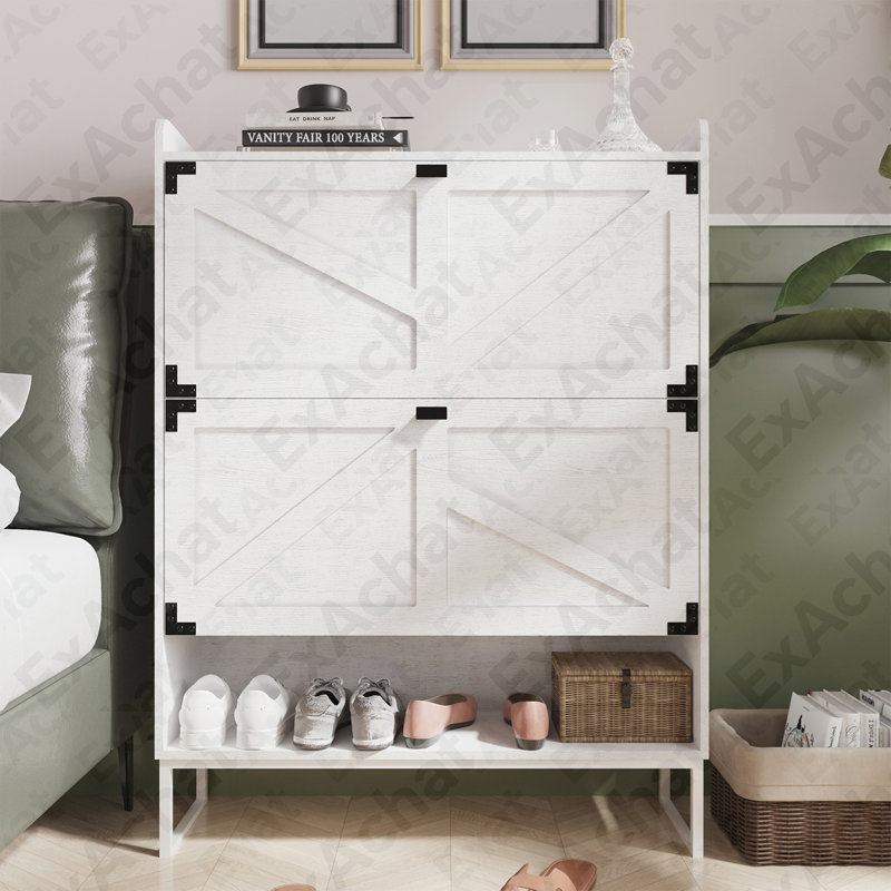 Shoe Cabinet with 2 Flip Drawers,Shoe Storage Cabinet for Entryway,Freestanding Shoe Cabinet Organizer with Open Storage,Narrow Farmhouse Shoe Rack with Metal Corner Decoration Legs,White