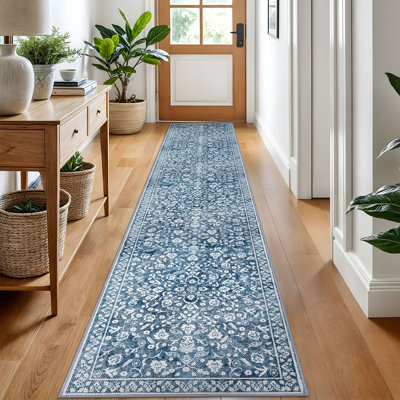 Blue Machine Washable Rugs for Bedroom Non-Slip Low Pile Throw Rugs with Rubber Backing Washable Carpet